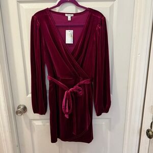 NWT Nine West Women Size L Velvet Velour Wrap Dress Short Belted Burgundy Maroon